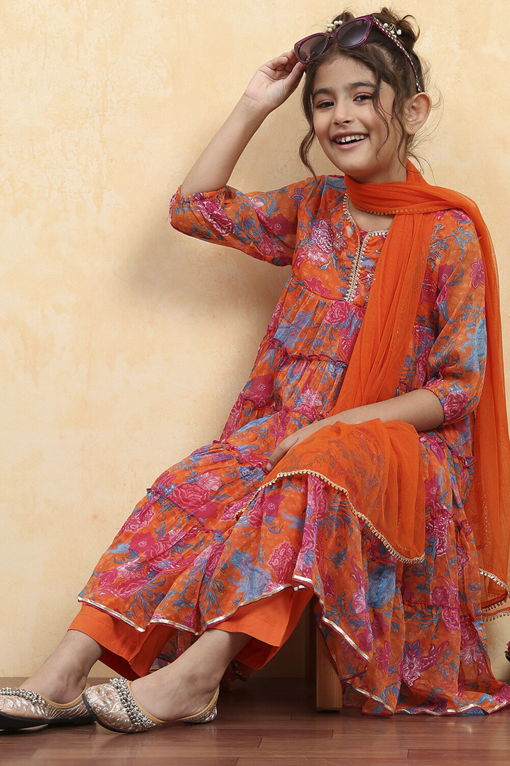 Orange Floral Printed Tiered Suit Set image number 0