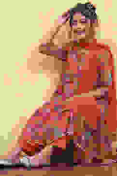 Orange Floral Printed Tiered Suit Set image number 0