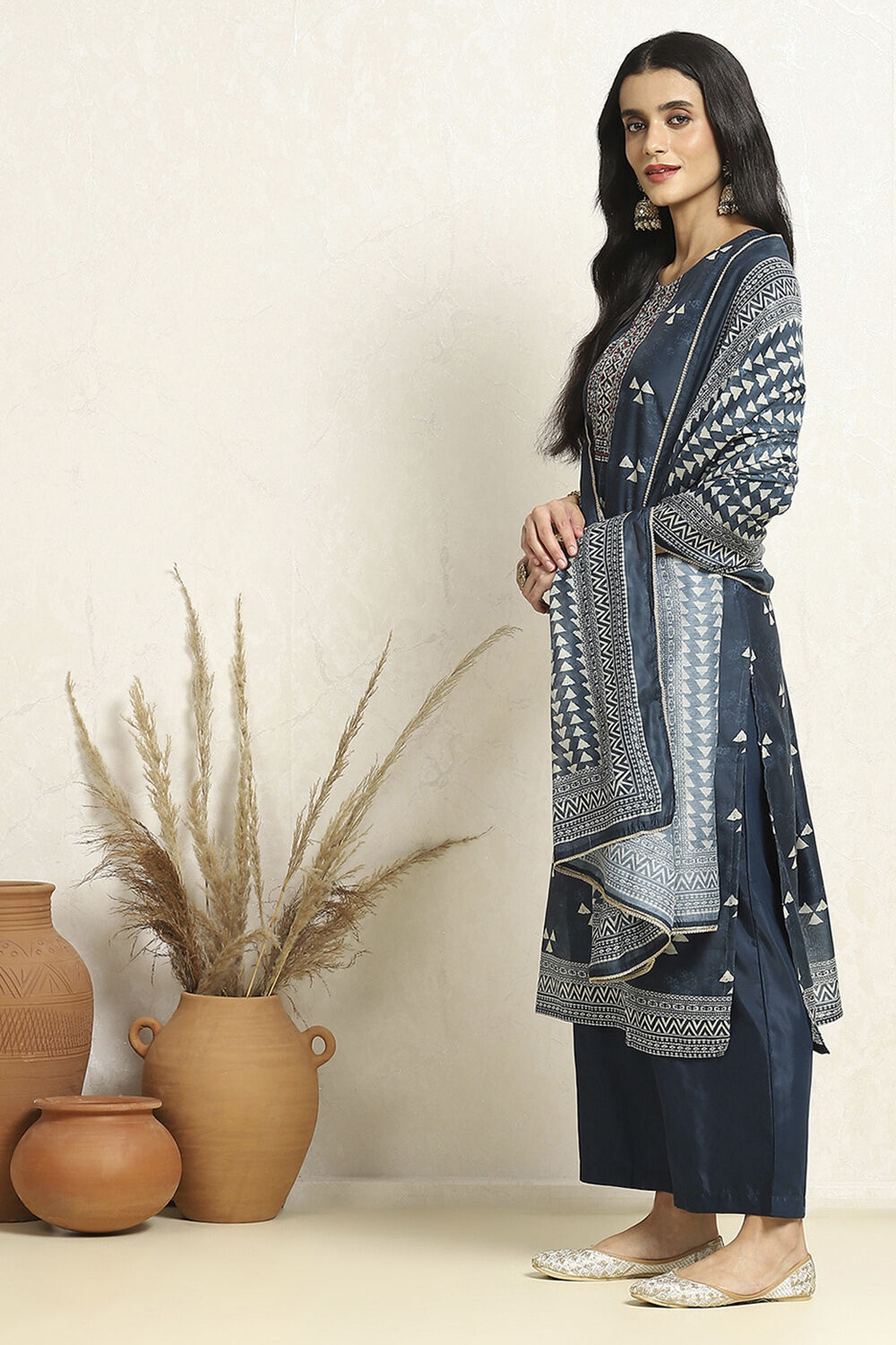 Blue Chanderi Geometric Printed Unstitched Suit Set image number 5