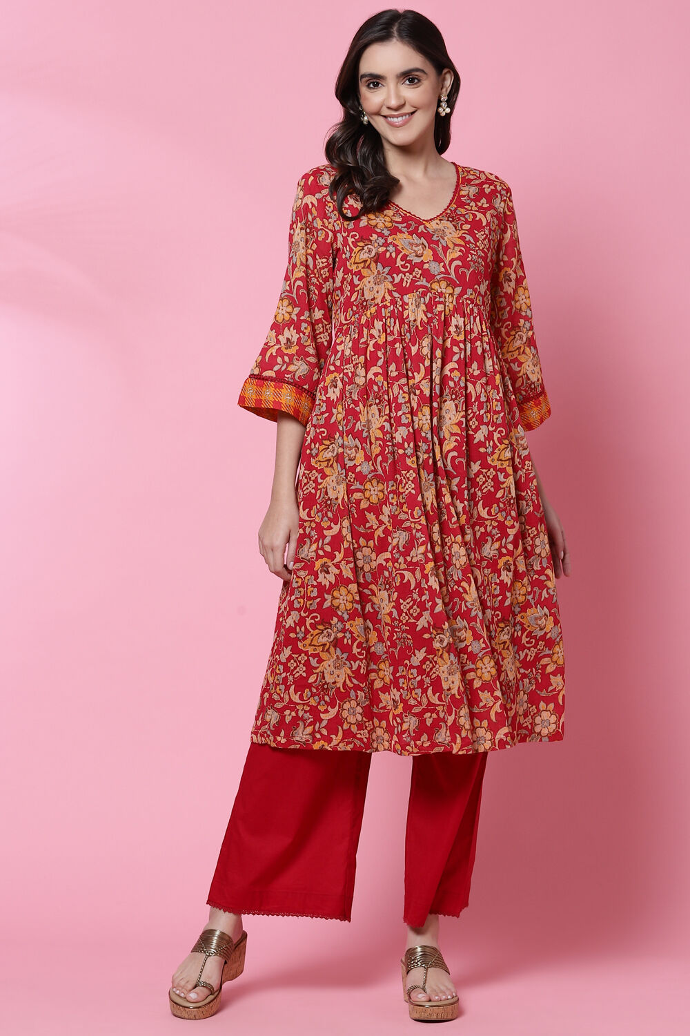 Red Cotton Flared Kurta Set image number 0