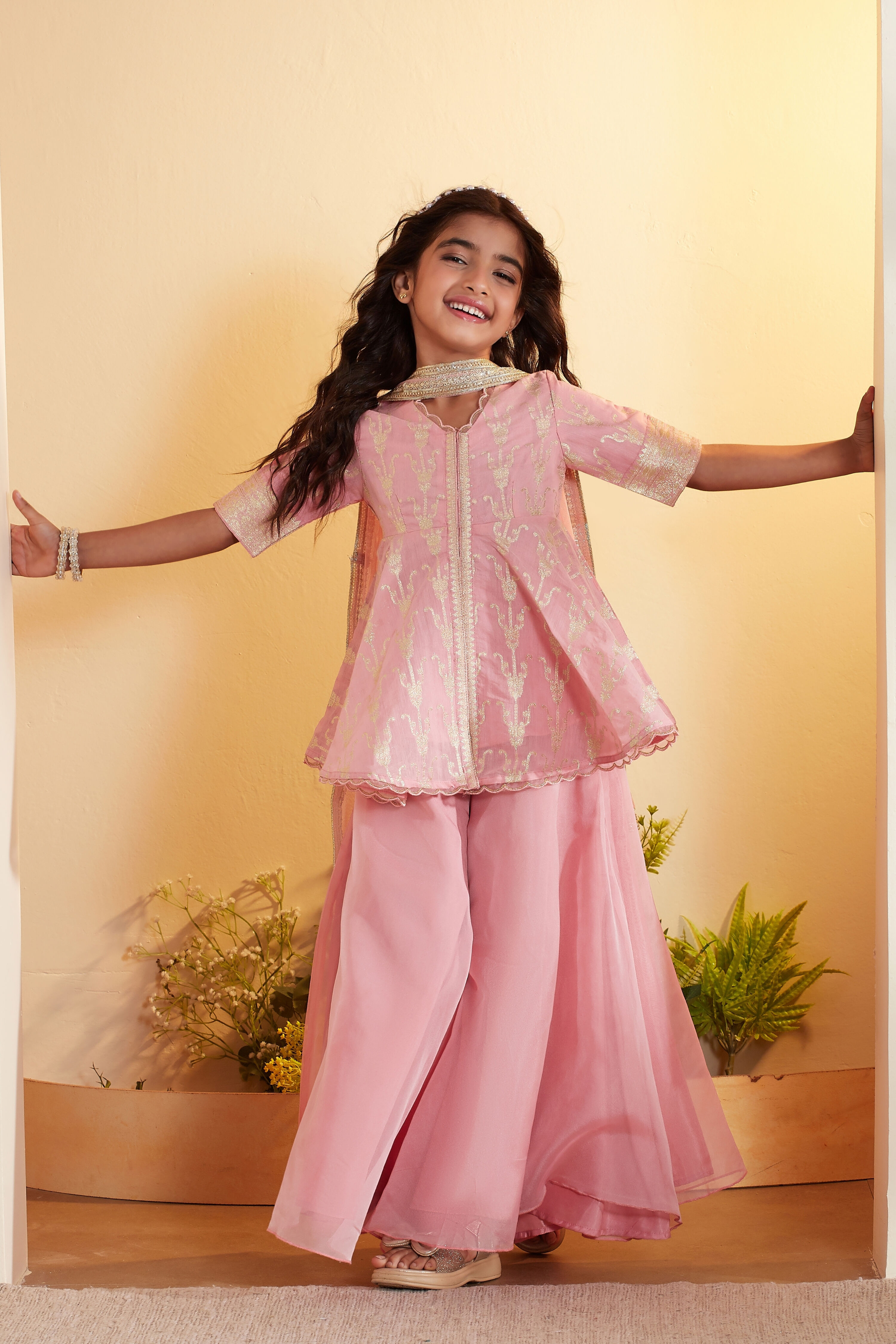 Peach Viscose Rayon Printed Front-Open Garara Kurta Set image number 0
