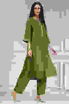 Olive Green Dyed Straight Kurta Set image number 5