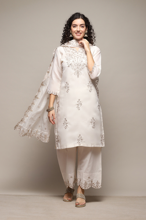 Off White Poly Cotton Straight Kurta Palazzo Suit Set image number 0