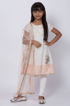 Off White Cotton A-Line Kurta Churidar Suit Set image number 0