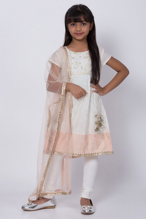 Off White Cotton A-Line Kurta Churidar Suit Set image number 0