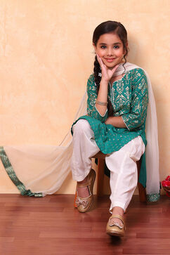 Green and White Cotton Printed Straight Suit Set image number 0