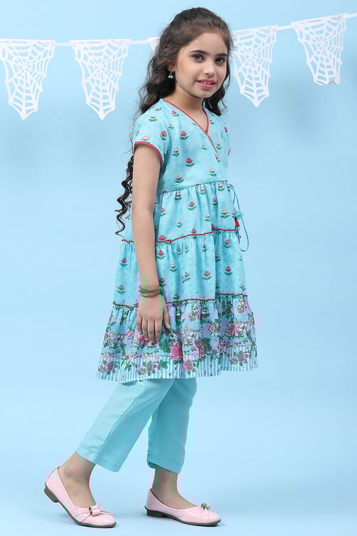 Turquoise Art Silk Straight Printed Kurta image number 5