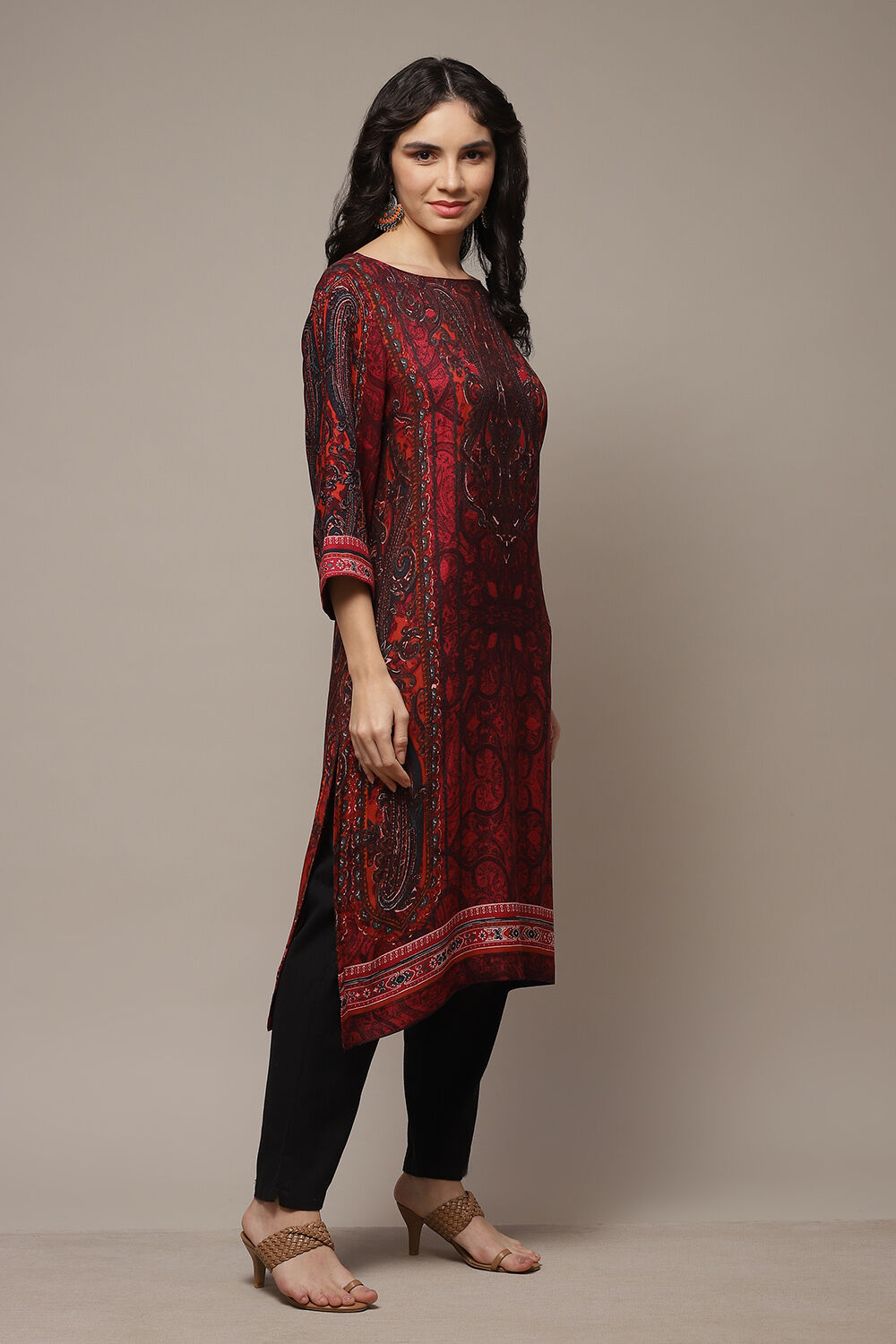 Red Viscose A-Line Printed Kurta image number 4