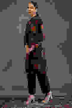 Rohit Bal Black Silk Chanderi Floral Printed Straight Kurta Set image number 3