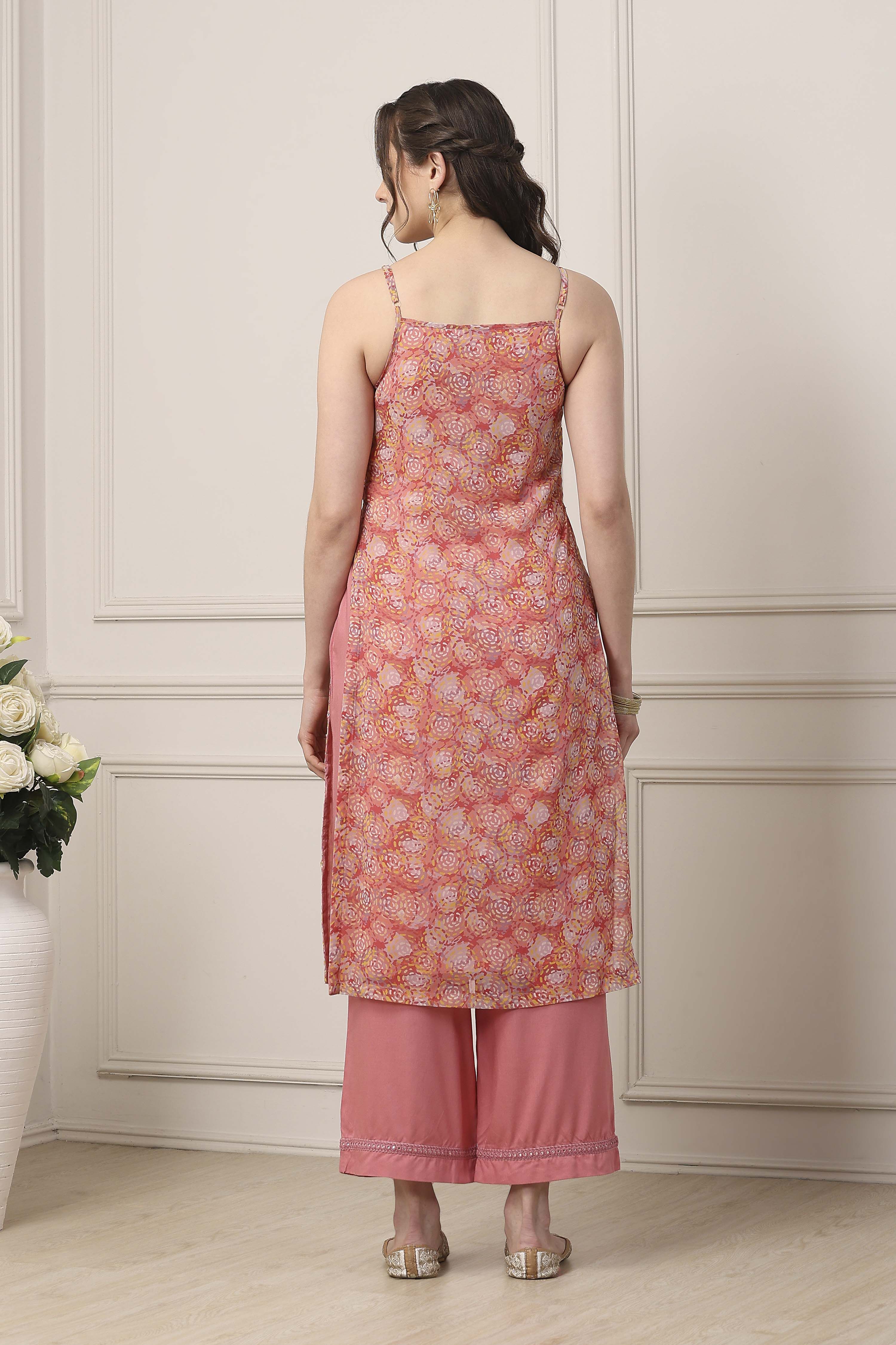 Peach Poly Georgette Straight Suit Set image number 4