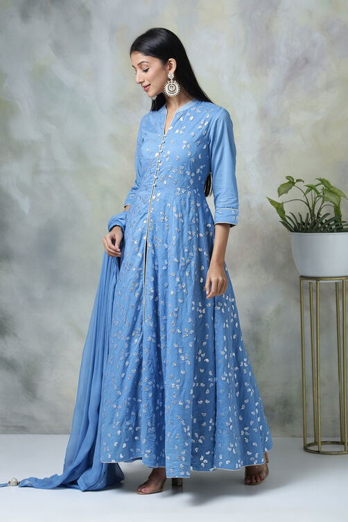 Blue Cotton Anarkali Kurta Skirt Suit Set image number 4