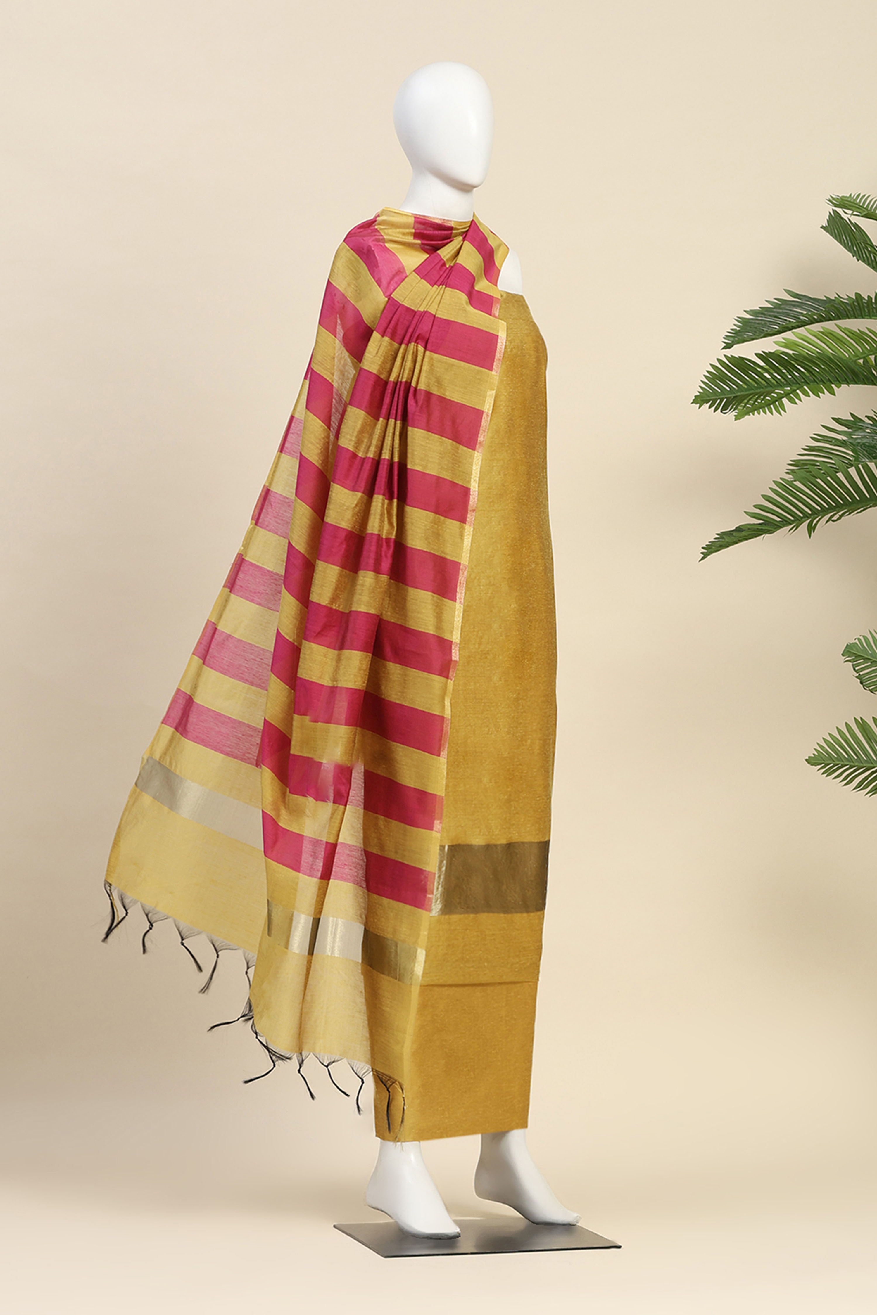 Mustard Poly Cotton Banarasi Unstitched Suit Set image number 4