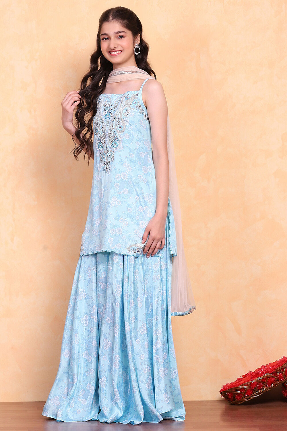 Aqua Printed Strappy Straight Suit Set image number 3