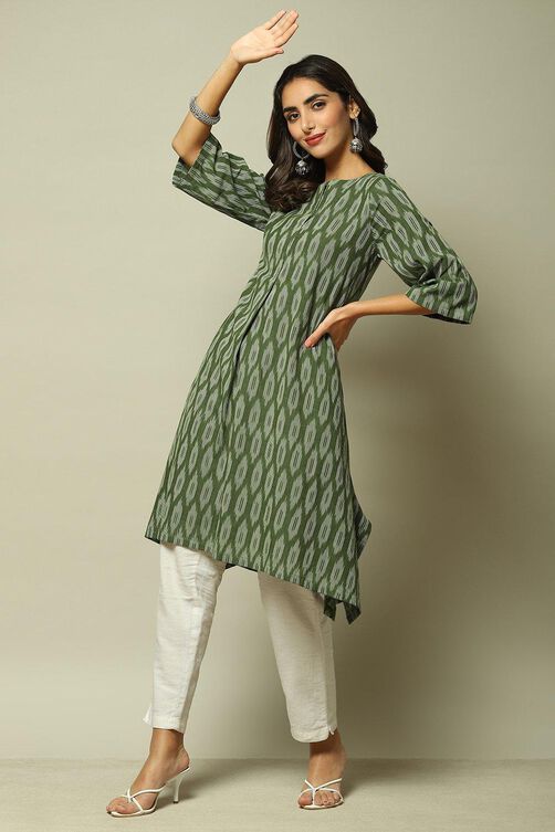 Dark Green Cotton IKAT Straight Yarndyed Kurta image number 6