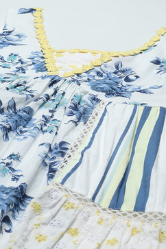 White & Blue Printed Cotton Tiered Kurta With Pants & Scarf image number 1