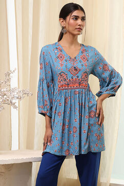 Dull Blue Printed Short Kurta image number 5