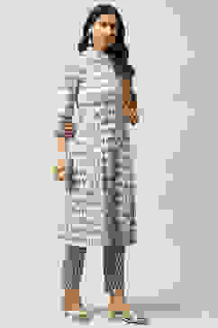 White Printed Cotton A-Line Kurta Slim Pants Suit Set image number 5