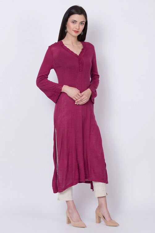 Teal Acrylic And Wool Straight Solid Kurta image number 2