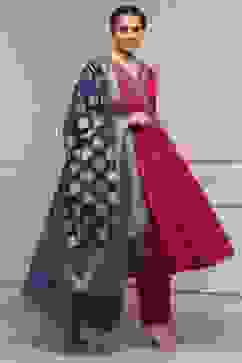 Fuchsia Embroidered Angrakha Festive Anarkali Suit Set image number 0