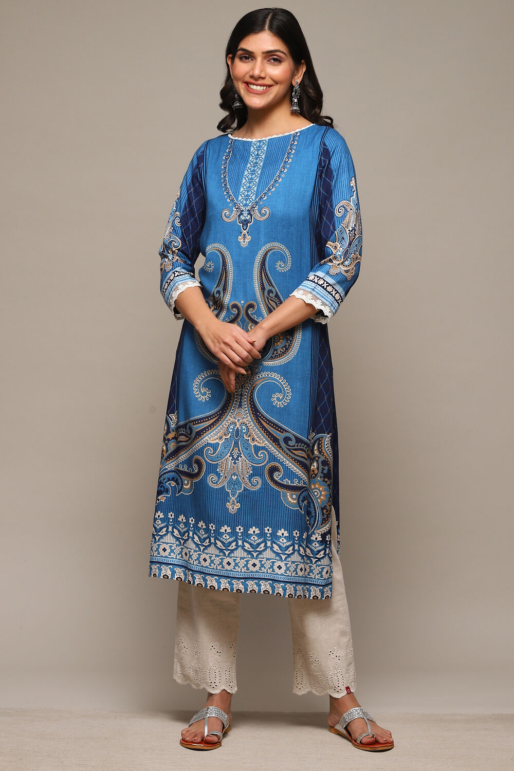 Navy LIVA Straight Printed Kurta image number 5