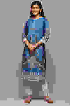 Navy LIVA Straight Printed Kurta image number 5