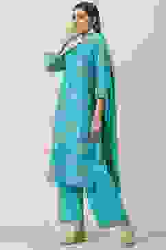 Turquoise Printed Cotton Straight Suit Set image number 5