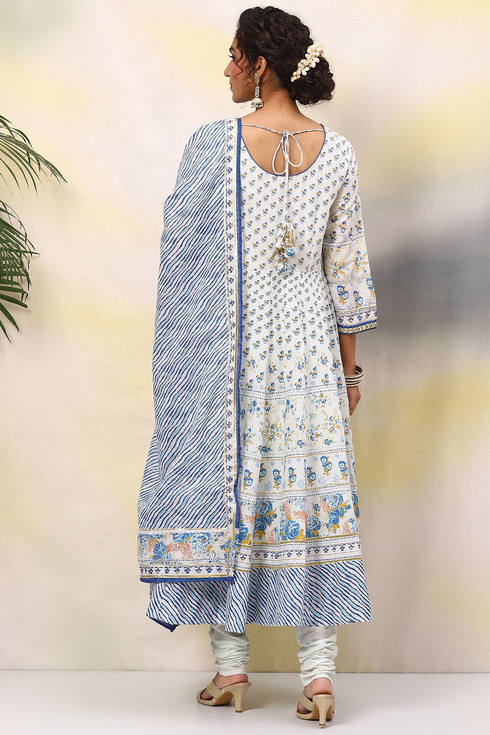 Ivory Cotton Anarkali Kurta Churidar Suit Set image number 4