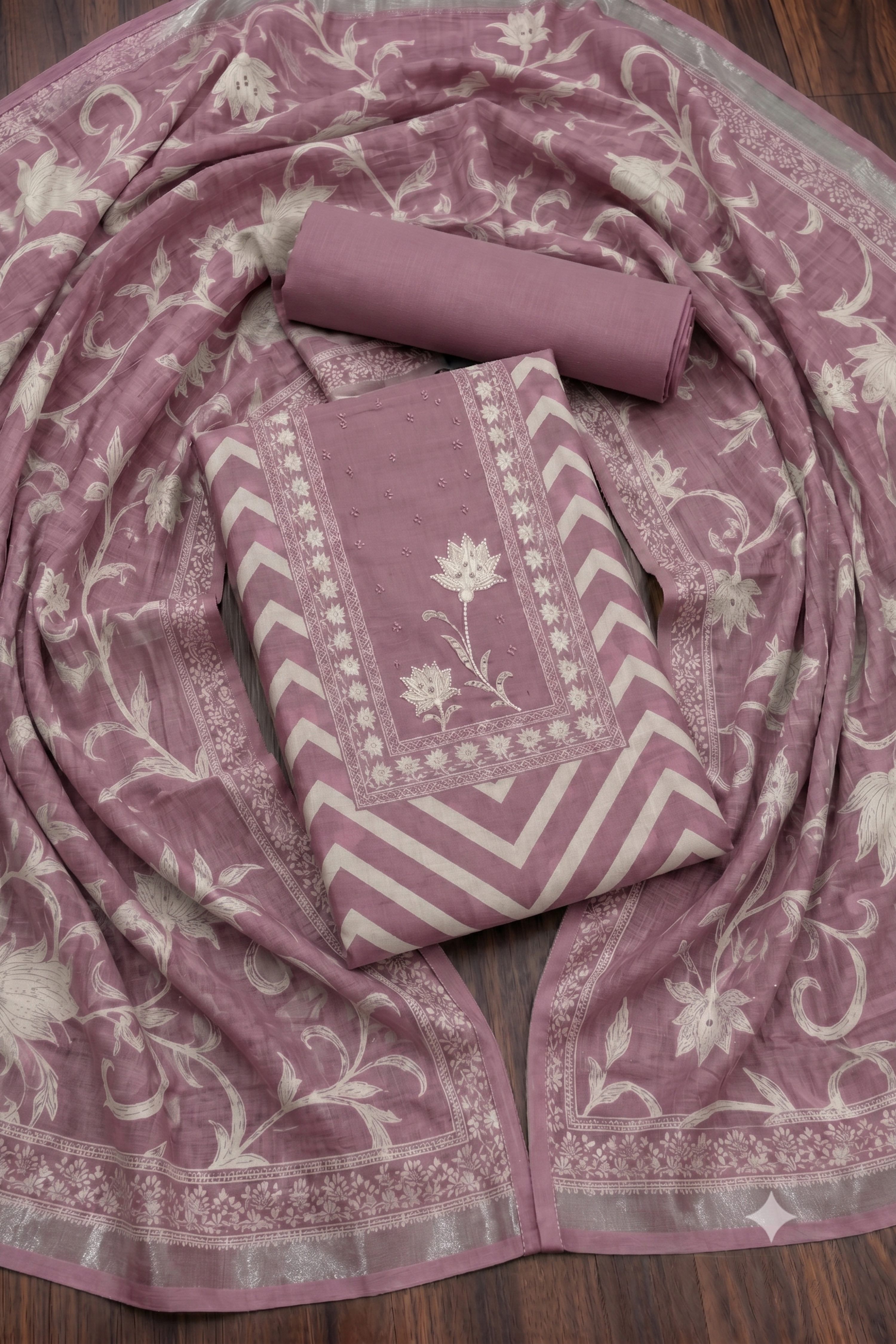 Peach Linen Modern Print Unstitched Suit Set image number 0