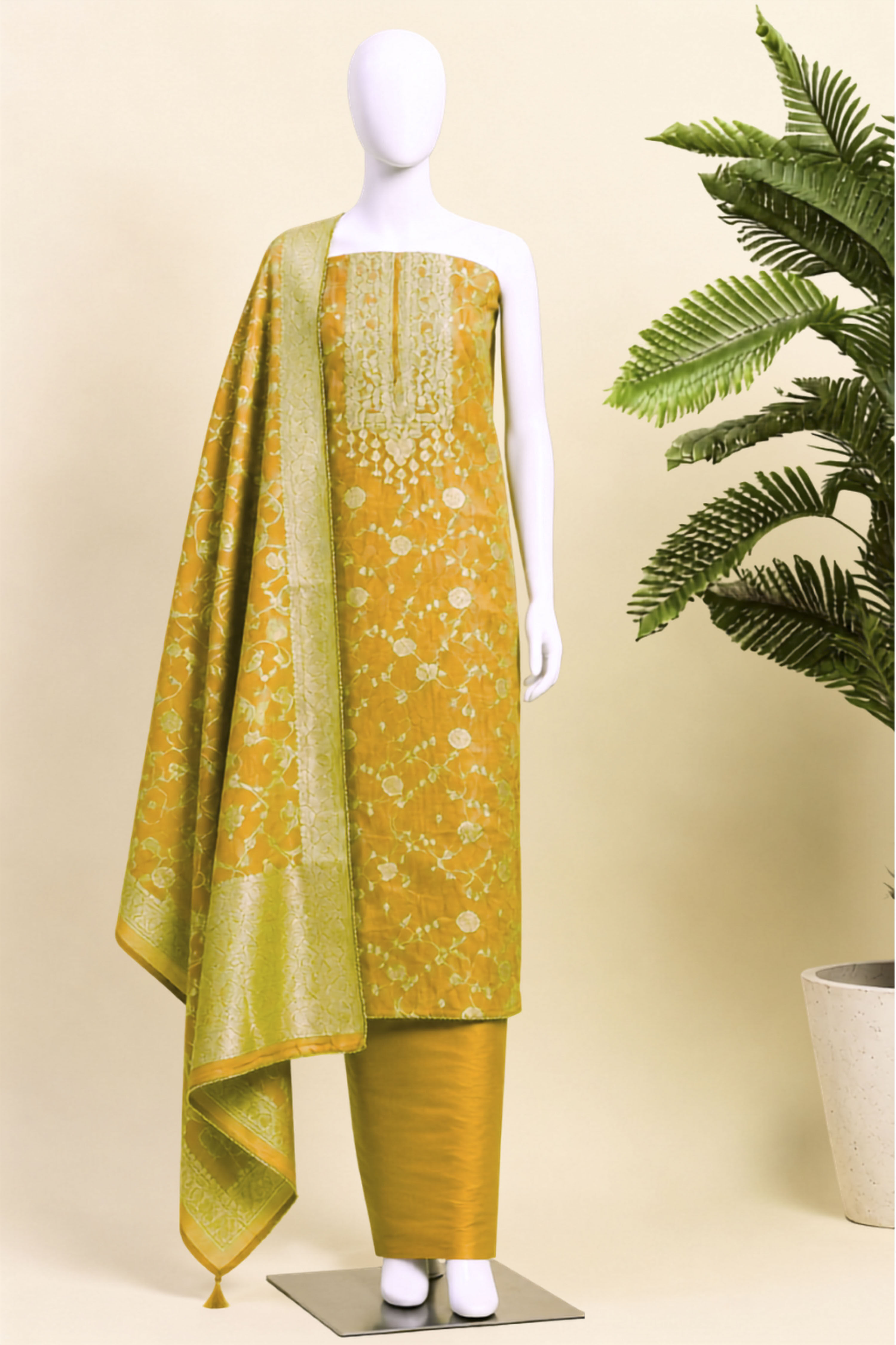Yellow Jacquard Traditional Weaving Unstitched Suit Set image number 5