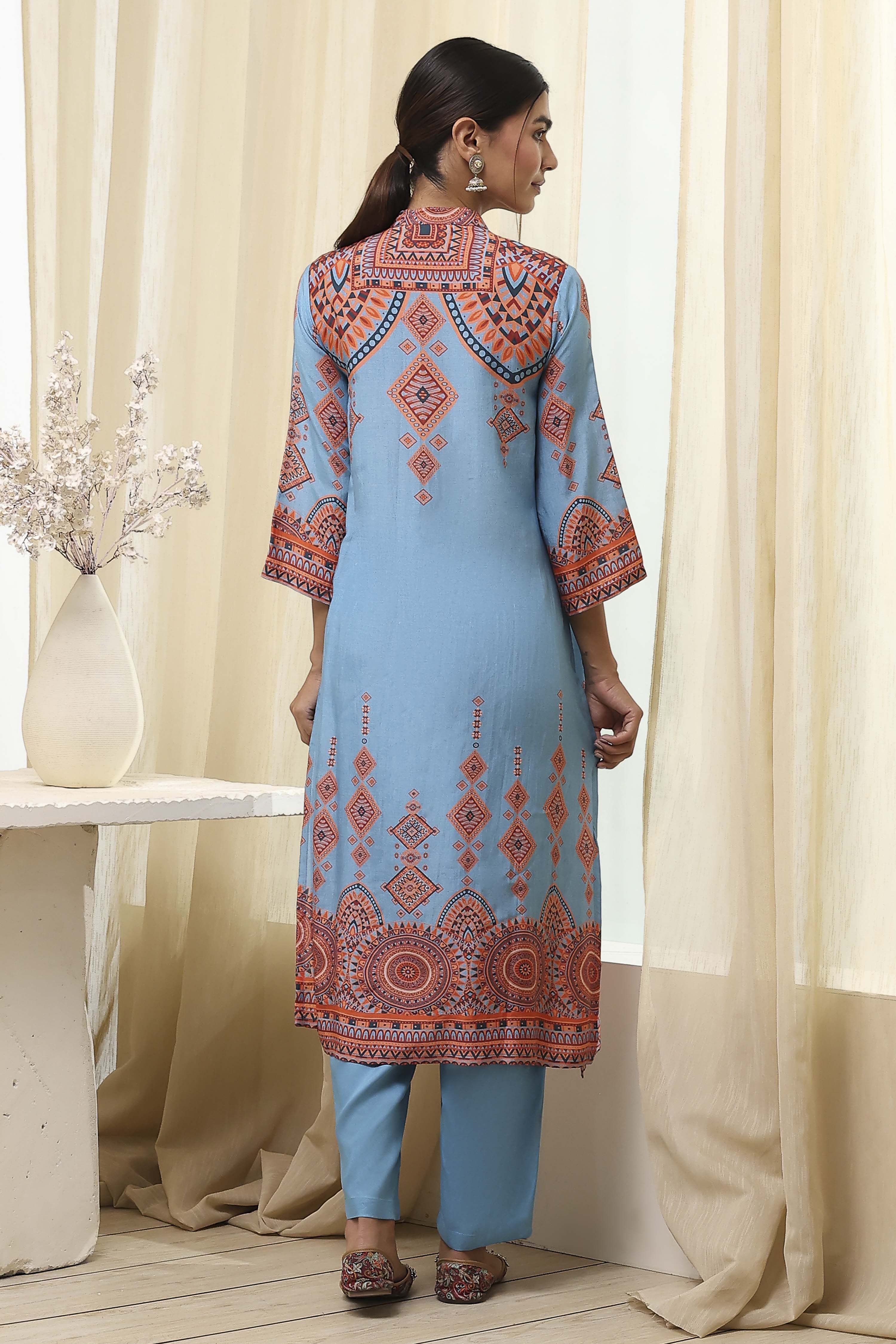 Dull Blue Printed Straight Suit Set image number 4