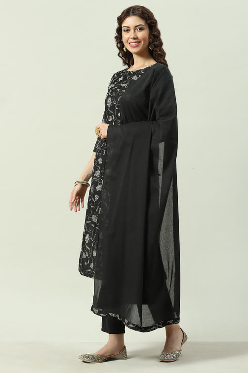 Black Printed Straight Kurta Regular Pants Suit Set image number 5