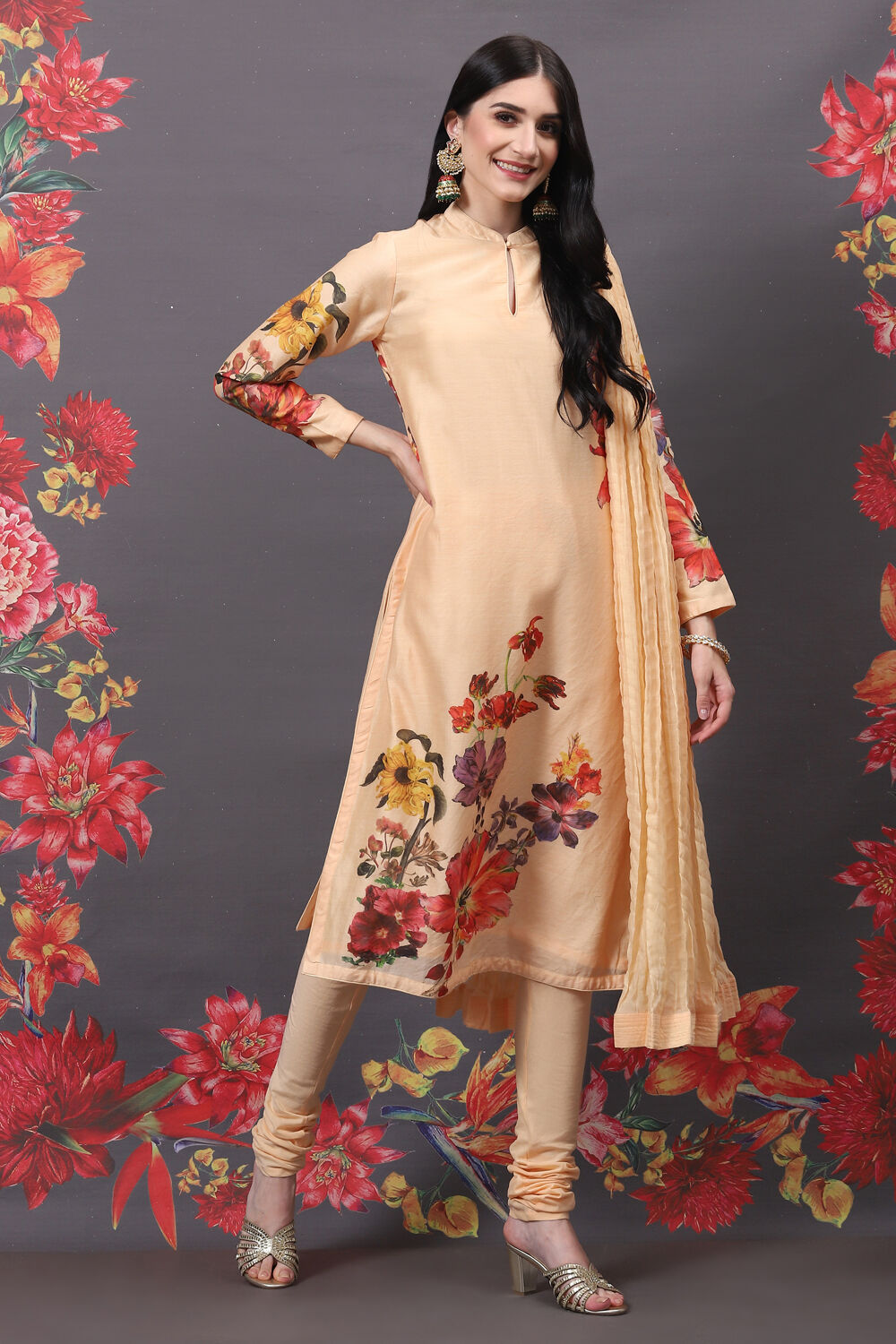 Peach Cotton Silk Straight Printed Suit Set image number 6
