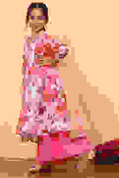 White and Pink Floral Printed Flared Festive Suit Set image number 5