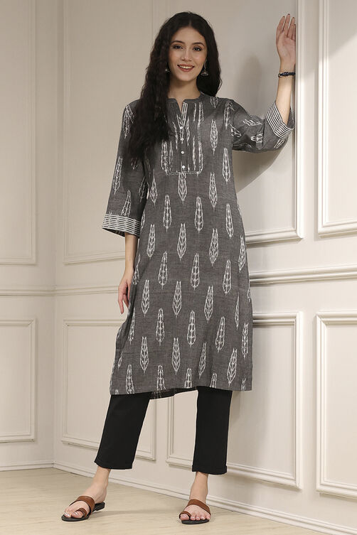 Grey Cotton Straight Yarndyed Kurta image number 5