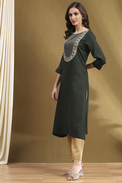 Green Solid Straight Kurta image number 2