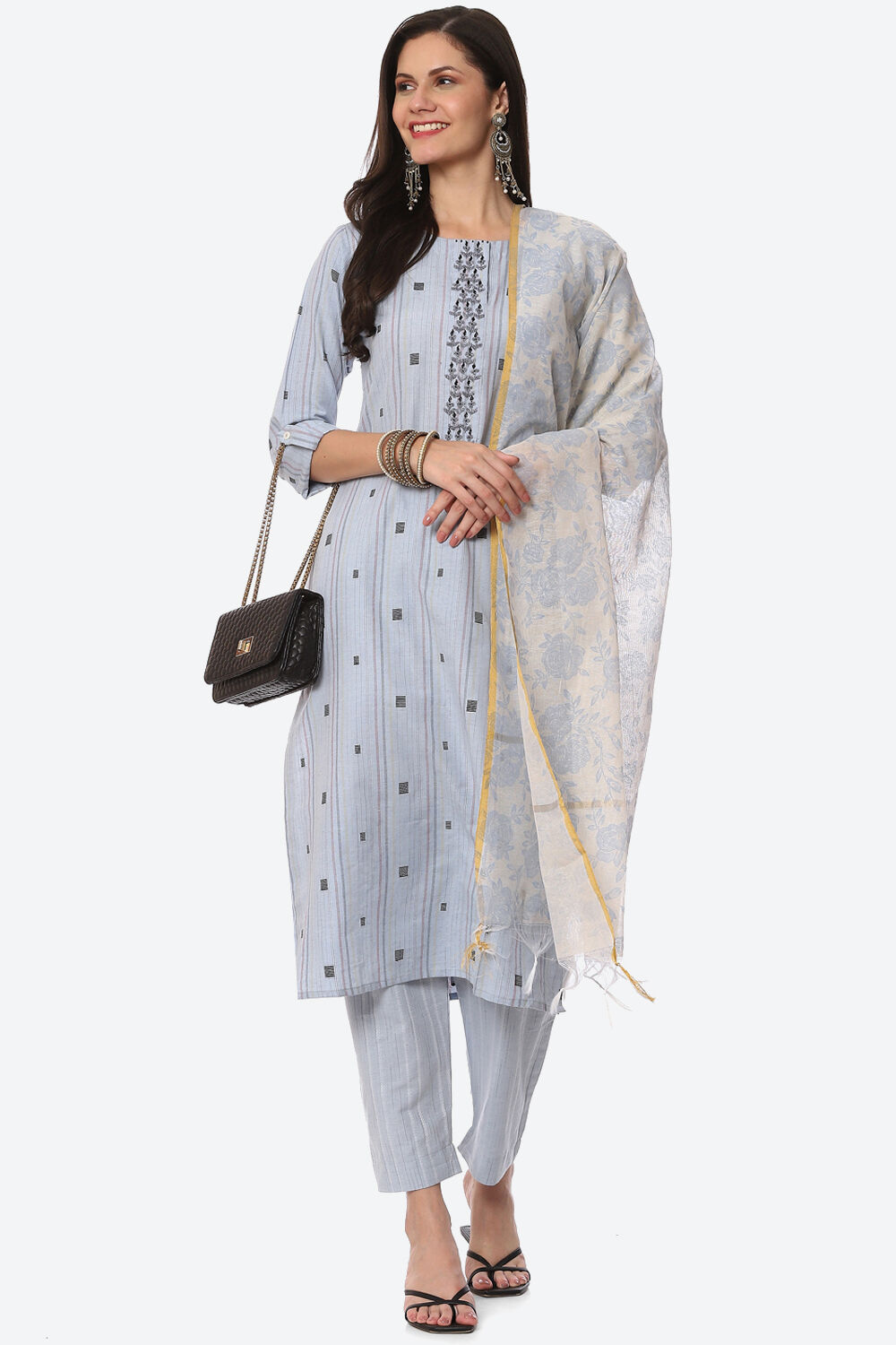 Light Blue Cotton Unstitched Suit Set image number 7