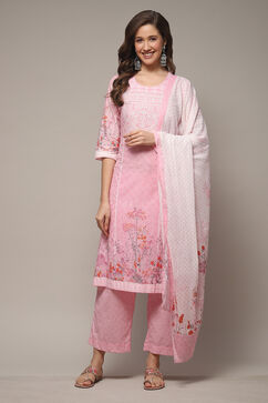 Pink Cotton Straight Kurta Palazzo Suit Set image number 1