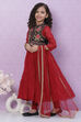 Red Art Silk Girls Flared Kurta Churidar Suit Set image number 0