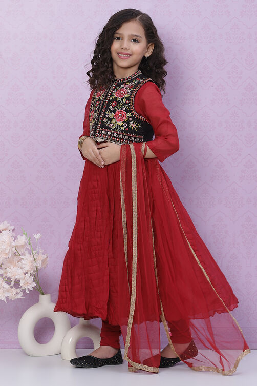 Red Art Silk Girls Flared Kurta Churidar Suit Set image number 0