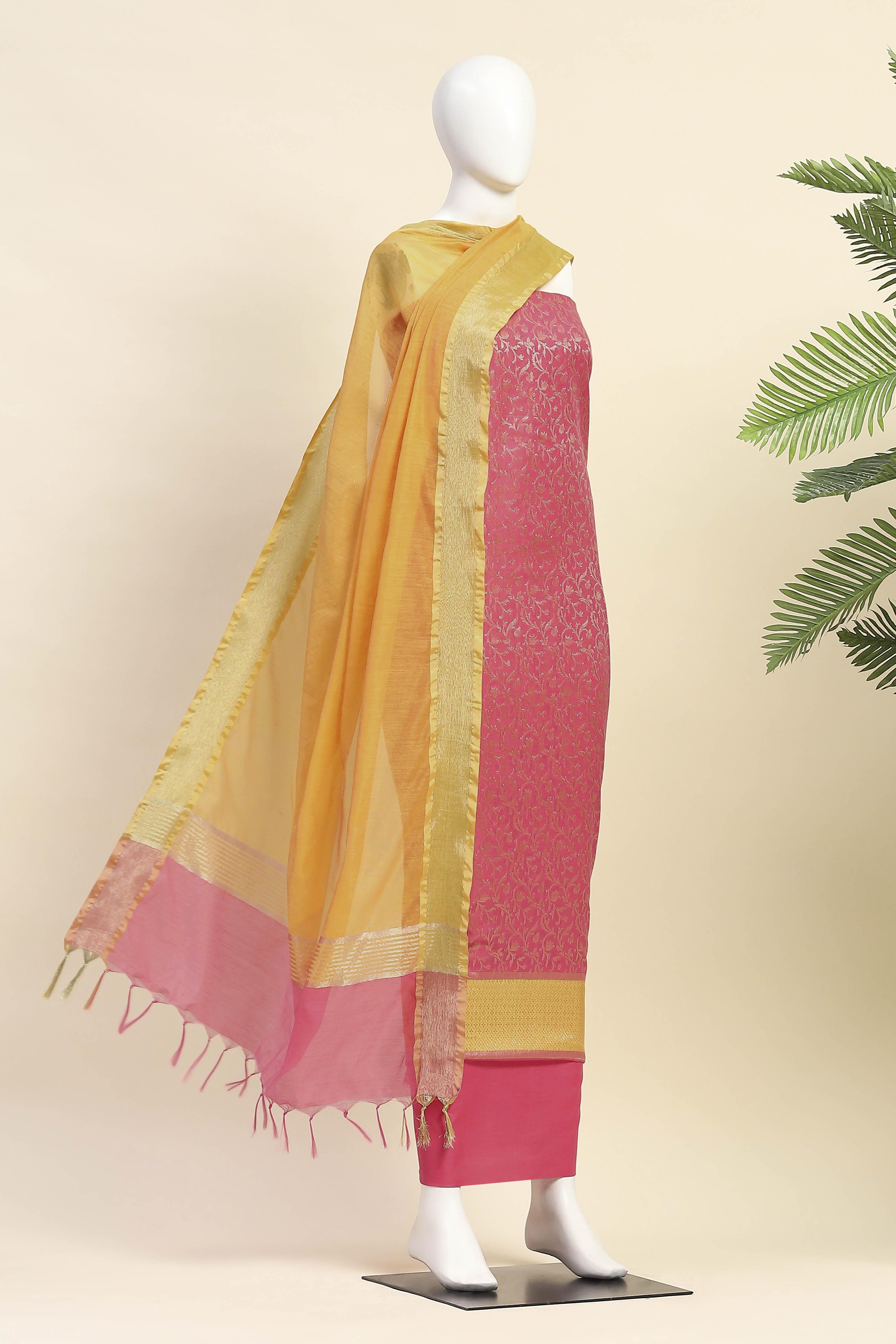Pink Cotton Printed Embroidered Unstitched Suit Set image number 4
