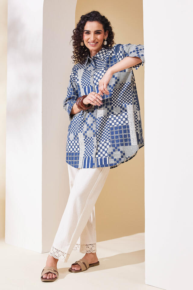 BIBA Cotton Printed A-Line Work Wear Shirts Navy in Navy