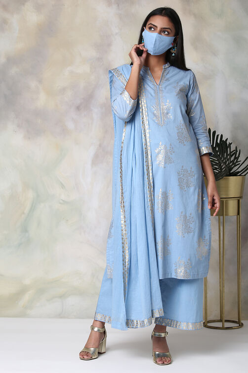 Light Blue Cotton Straight Kurta Palazzo Suit Set image number 6