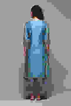 Earthy Blue Cotton Silk Straight Kurta Palazzo Suit Set image number 4