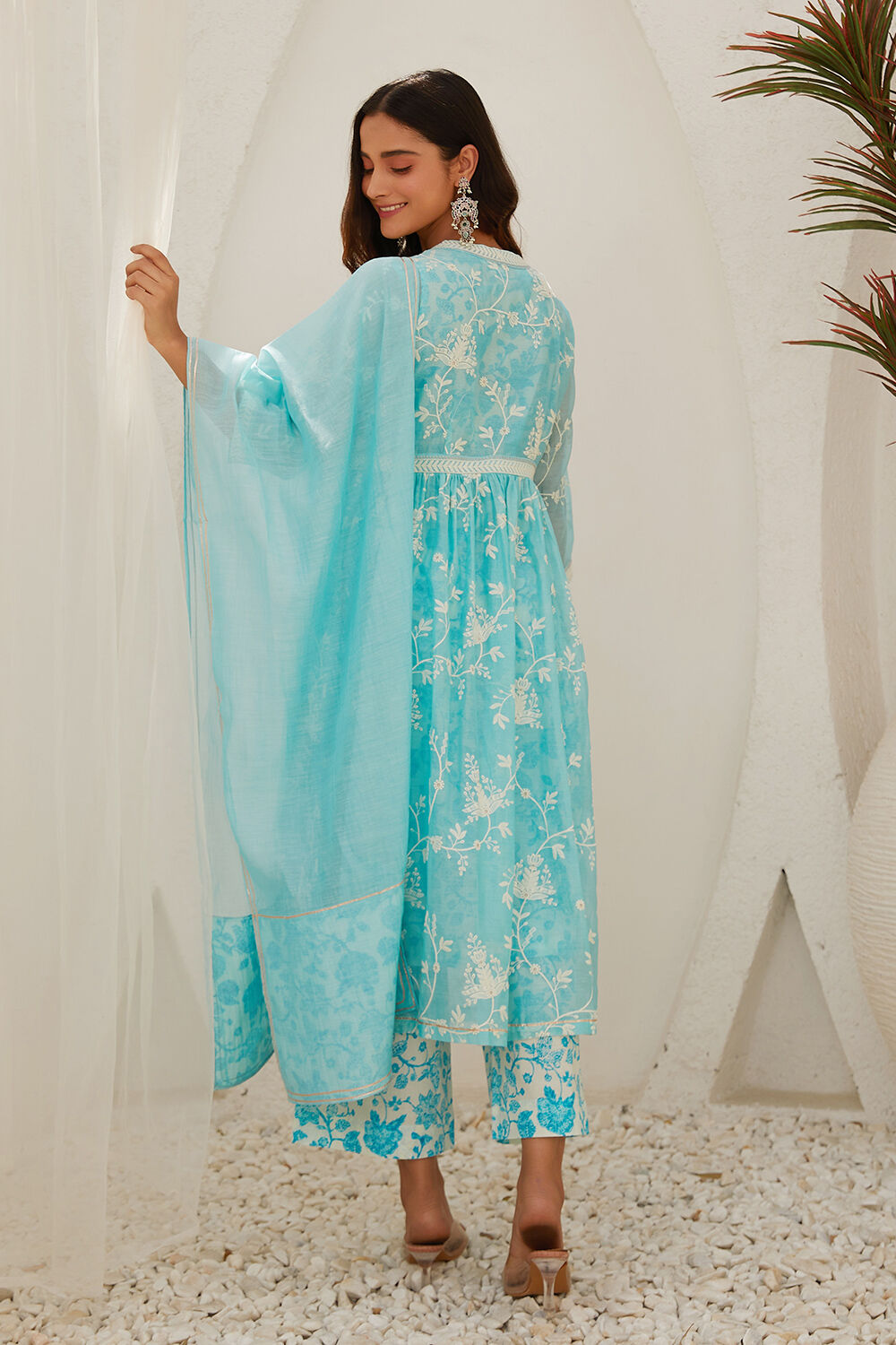 Aqua Cotton Gathered Kurta & Palazzo Suit Set image number 2