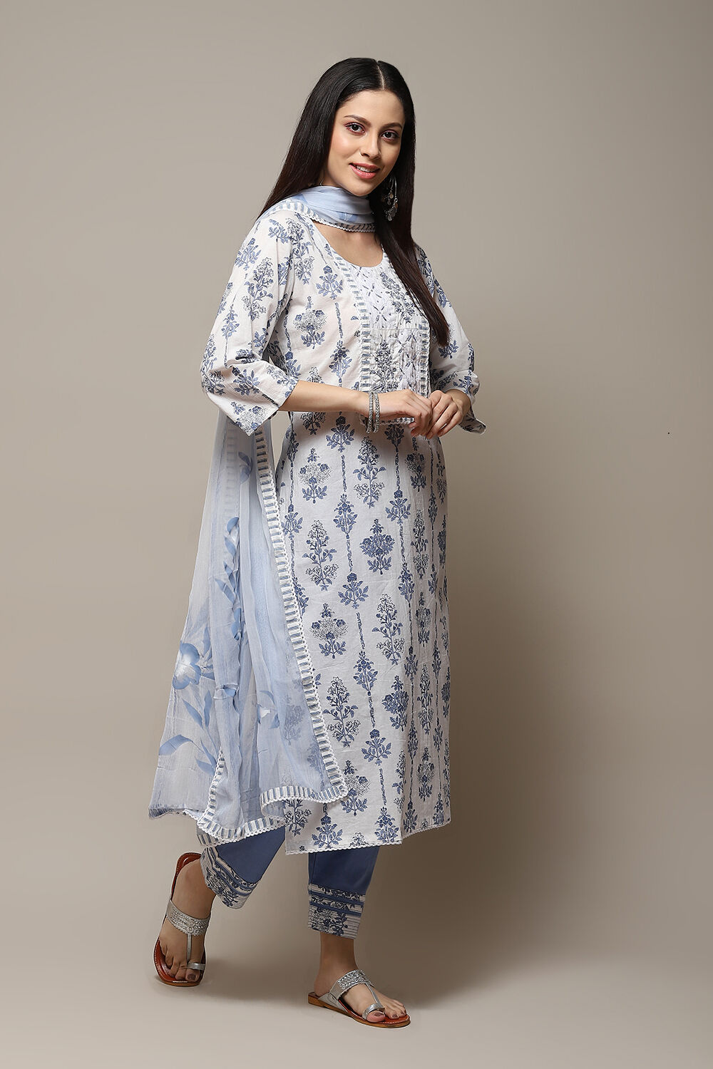 Blue Cotton Schiffly Unstitched Suit Set image number 7