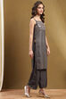Grey Silk Floral Hand-Block Printed Festive Straight Kurta image number 4