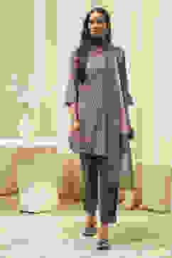 Grey & Pink Art Silk Straight Kurta Pant Suit Set image number 6