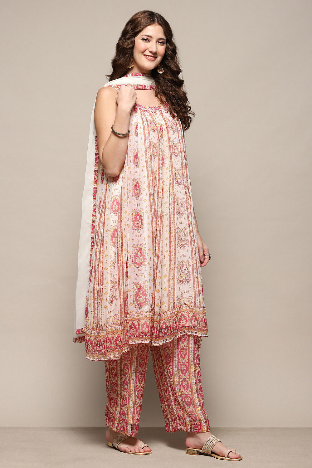 Cream Printed Strappy A-Line & Palazzo Suit Set image number 6