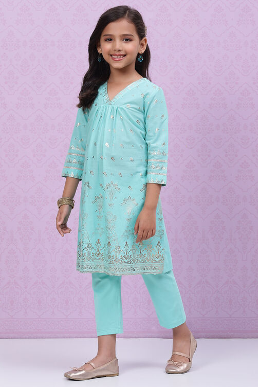 Blue Cotton Straight Printed Kurta Set image number 0