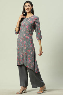 Grey Viscose A-Line Kurta Palazzo Suit Set image number 3